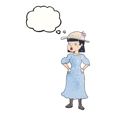 El yazısıyla çizilmiş düşünce balonu, insan tarafından çizilmiş duyarlı bir elbise içindeki çizgi film kadını.