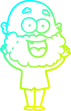 Bir insan tarafından çizilmiş sakallı, çılgın, mutlu bir çizgi film çizimi.