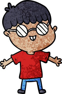 Bir insan tarafından çizilmiş gözlük takan çizgi film çocuğu.