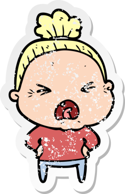 Bir insan tarafından çizilmiş kızgın yaşlı bir kadının sıkıntılı çıkartması.