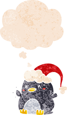 Karikatür pengueni, Noel şapkası takıyor. Düşünce baloncuğu ve grunge dertli retro tarzı bir insan tarafından çizilmiş.