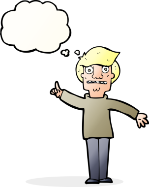 Çizgi filmci bir insan tarafından çizilmiş düşünce baloncuğuyla soru soruyor.