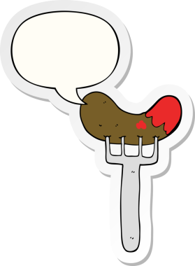 İnsan tarafından çizilmiş konuşma kabarcığı etiketli çatal üzerinde çizgi film sosisi