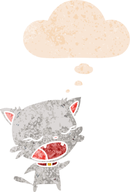 Düşünce baloncuğuyla konuşan çizgi film kedisi bir insan tarafından çizilmiş dertli retro tarzı