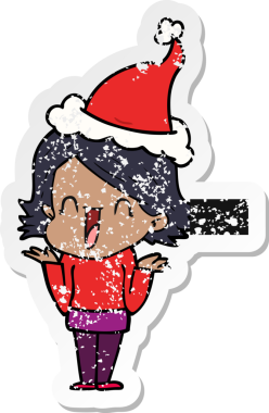 Bir insan tarafından çizilmiş Noel Baba şapkası giymiş mutlu bir kadının el çizimi karikatürü.