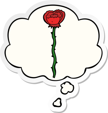 Düşünce baloncuklu karikatür çiçeği insan tarafından çizilmiş bir çıkartma gibi.