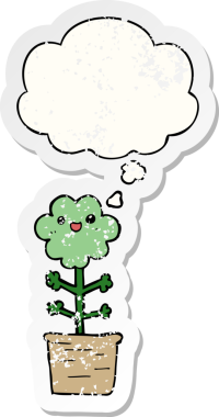 Düşünce baloncuğu olan karikatür çiçeği insan tarafından çizilmiş yıpranmış bir çıkartma gibi.