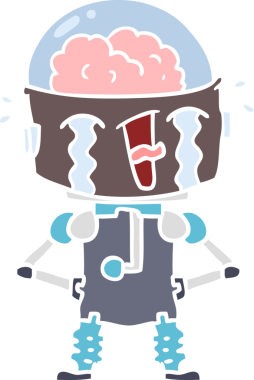 Bir insan tarafından çizilmiş düz renkli karikatür ağlayan robot.