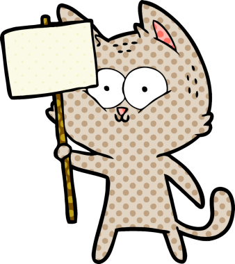 Bir insan tarafından çizilmiş pankartı olan çizgi film kedisi.