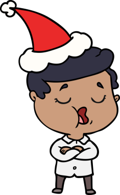 Bir insan tarafından çizilmiş Noel Baba şapkasıyla konuşan bir adamın el çizimi.