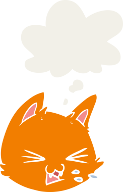 Bir insan tarafından çizilmiş düşünce baloncuğuyla çizgi film kedi suratı tükürüyor.