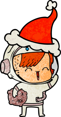 Bir insan tarafından çizilmiş Noel Baba şapkası giyen mutlu bir uzay kızının el çizimi karikatürü.