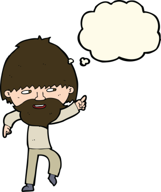 Çizgi film sakallı adam bir insan tarafından çizilmiş düşünce balonuyla işaret ediyor ve gülüyor.