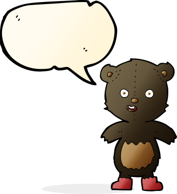 Çizmeli mutlu oyuncak ayı ve bir insan tarafından çizilmiş konuşma balonu.