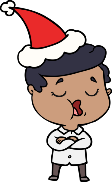 Bir insan tarafından çizilmiş Noel Baba şapkasıyla konuşan bir adamın el çizimi.