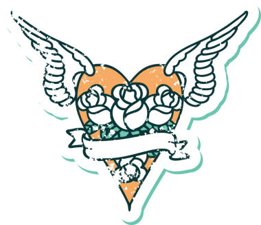 Bir insan tarafından çizilmiş çiçek ve pankartıyla uçan bir kalbin sembolik dövmeli resmi.