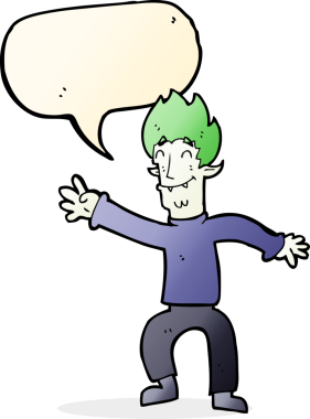 Bir insan tarafından çizilmiş konuşma balonlu mutlu vampir adam çizgi filmi.