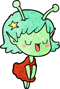 Bir insan tarafından çizilmiş mutlu uzaylı kız çizgi filmi.