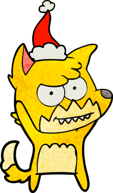 Bir insan tarafından çizilmiş Noel Baba şapkası giymiş sırıtan bir tilkinin el çizimi karikatürü.