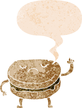 grunge içinde konuşma balonu olan karikatür bisküvisi bir insan tarafından çizilmiş sıkıntılı retro desen tarzı