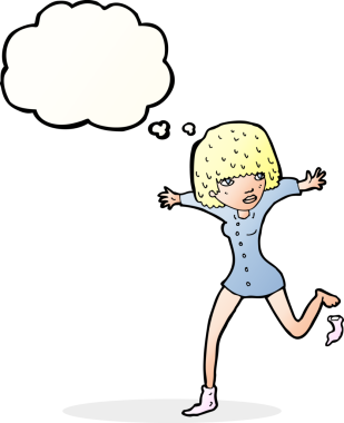 Bir insan tarafından çizilmiş düşünce baloncuğuyla çorabını çıkaran karikatür kadını.