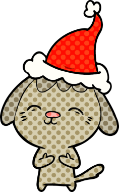 Mutlu el çizimi çizgi roman tarzı Noel Baba şapkası takan bir köpek insan tarafından çizilmiş.