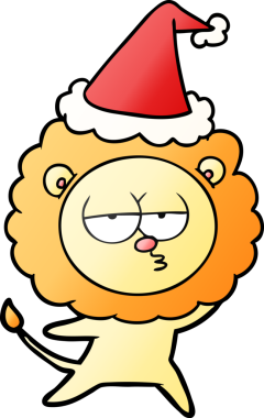 Bir insan tarafından çizilmiş Noel Baba şapkası giymiş sıkılmış bir aslanın el çizimi karikatürü.