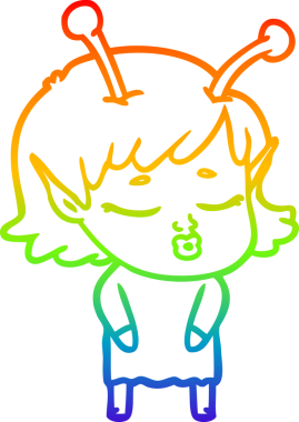 Gökkuşağı gradyan çizgisi. Bir insan tarafından çizilmiş şirin bir uzaylı kız çizgi filmi.