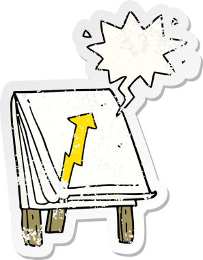 Bir insan tarafından çizilmiş, sıkıntılı, eski bir çıkartma olan, ok ve konuşma balonlu bir çizgi film çizelgesi.