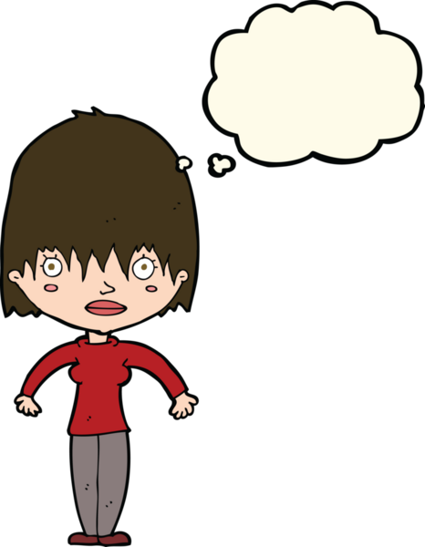 Bir insan tarafından çizilmiş düşünce balonuyla bakan çizgi film kadını.