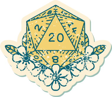 Retro Dövme Biçimi Doğal 20 D20 zar bir insan tarafından çizilmiş çiçek elementleriyle