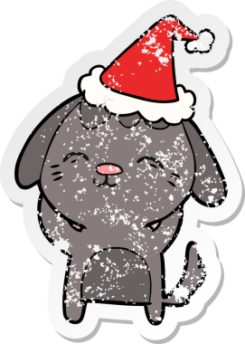 Mutlu el çizilmiş hüzünlü çıkartma. Bir insan tarafından çizilmiş Noel Baba şapkası takan bir köpek.