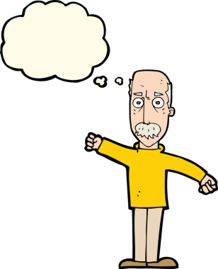 Bir insan tarafından çizilmiş düşünce baloncuğu olan kızgın yaşlı bir adam.