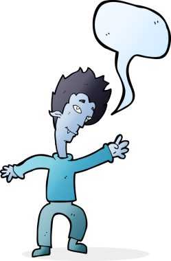 Bir insan tarafından çizilmiş konuşma balonlu cadılar bayramı vampiri çizgi filmi.