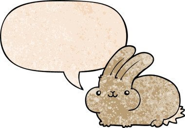 Konuşma baloncuklu çizgi film tavşanı insan tarafından çizilmiş.