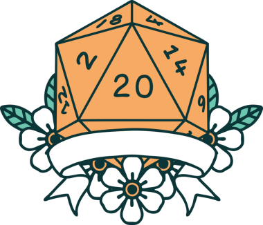 Retro Dövme Biçimi Doğal 20 kritik vuruş D20 zar bir insan tarafından çizildi