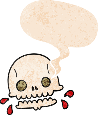 grunge 'da konuşma baloncuğu olan karikatürlü ürkütücü kafatası bir insan tarafından çizilmiş tedirgin geçmiş dokuma tarzı