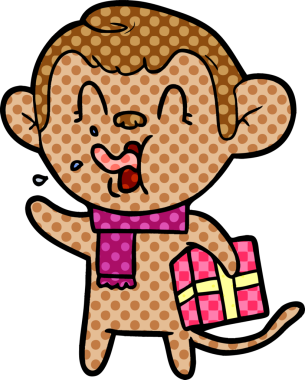 Bir insan tarafından çizilmiş Noel hediyesi olan çılgın çizgi film maymunu.