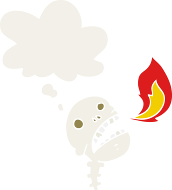 Bir insan tarafından çizilmiş eski tarz düşünce baloncuğu olan ürkütücü cadılar bayramı kafatası çizgi filmi.