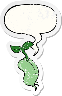 Konuşma baloncuğu ile filizlenen çizgi film tohumu bir insan tarafından çizilmiş sıkıntılı eski bir çıkartma