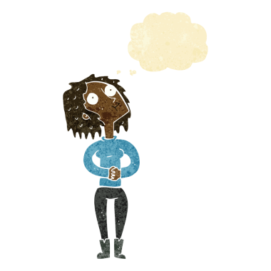Bir insan tarafından çizilmiş düşünce baloncuğuyla yukarı bakan çizgi film kadını.