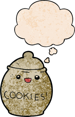 Bir insan tarafından çizilmiş grunge desenli düşünce baloncuğu olan sevimli çizgi film kurabiye kavanozu.