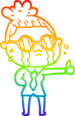 Gökkuşağı gradyan çizgi çizimi. Bir insan tarafından çizilmiş gözlük takan ağlayan bir kadın.