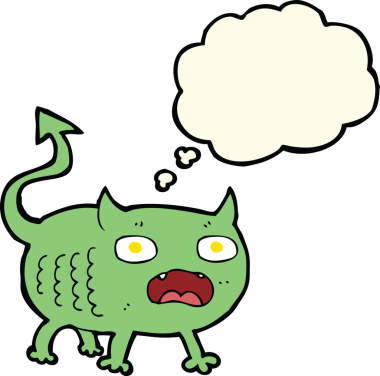 Bir insan tarafından çizilmiş düşünce balonlu küçük şeytan.