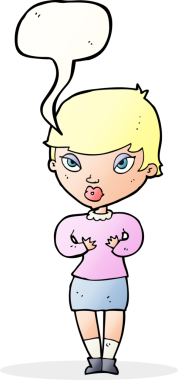 Bir insan tarafından çizilmiş bir konuşma balonuyla kendine el kol hareketi yapan bir karikatür kadını.