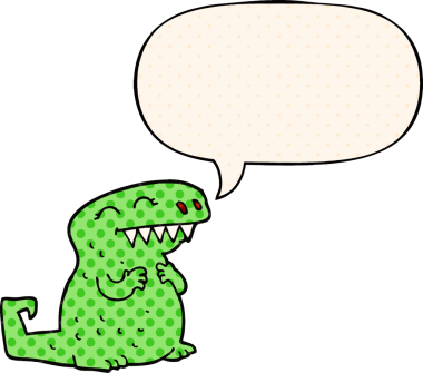 Bir insan tarafından çizilmiş çizgi roman tarzında konuşma balonu olan bir dinozor.