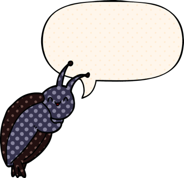 Bir insan tarafından çizilmiş çizgi roman tarzında konuşma balonu olan sevimli çizgi film böceği.