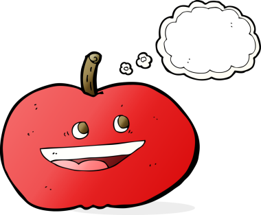 Bir insan tarafından çizilmiş düşünce balonlu mutlu elma çizgi filmi.