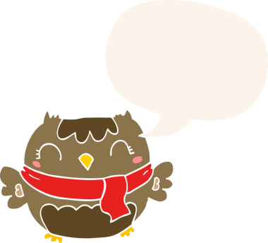 Bir insan tarafından çizilmiş konuşma baloncuğu olan sevimli çizgi film baykuşu.