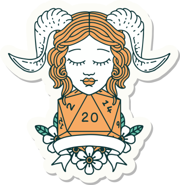 Bir insan tarafından çizilmiş doğal yirmi zarla yapıştırılmış bir etiket.